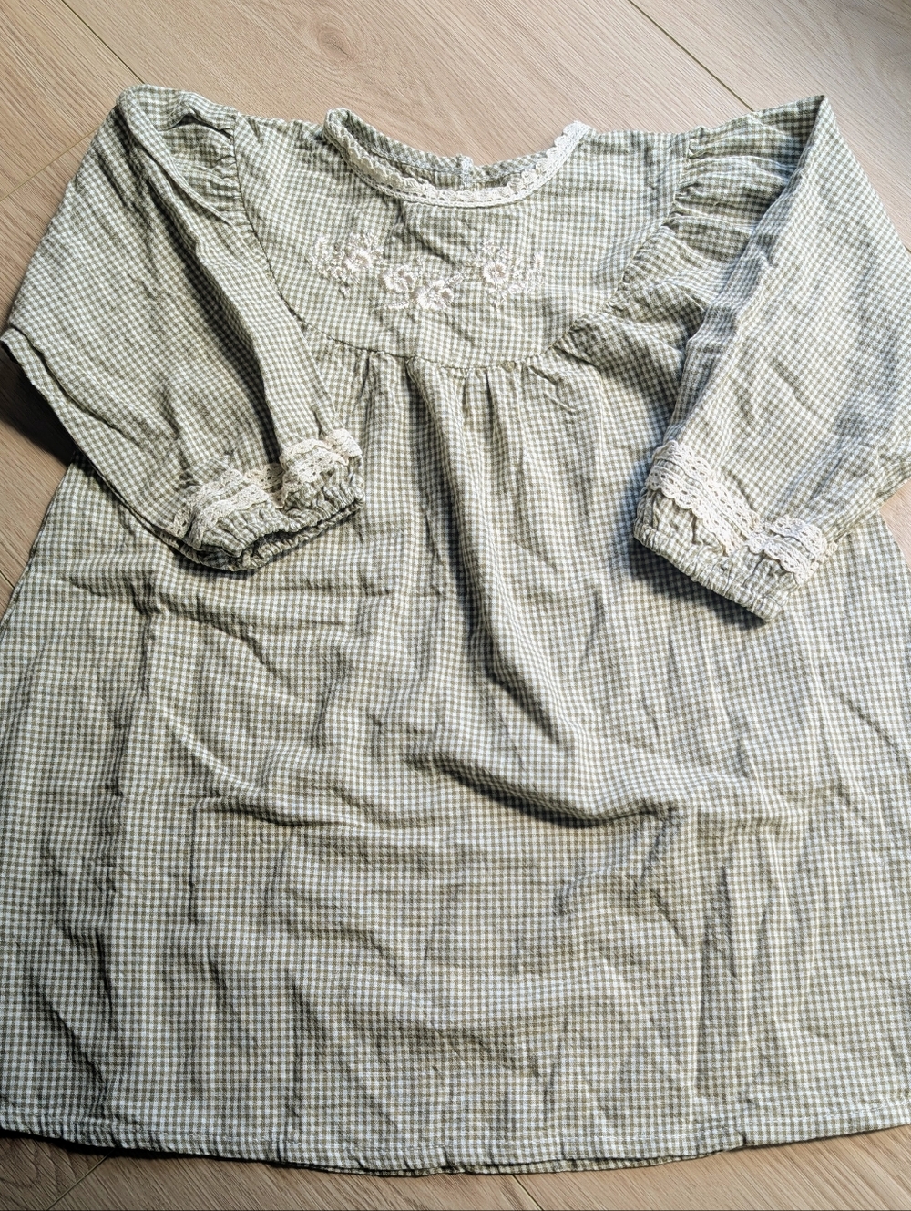 Girl's Cottagecore Embroidered Olive Green Gingham Dress